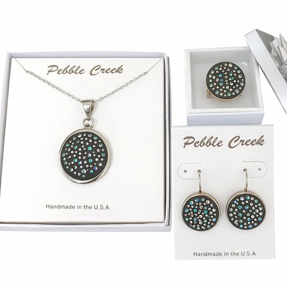 Handcrafted Swarovski Light Aqua Crystal & Clay Round Pendant Set